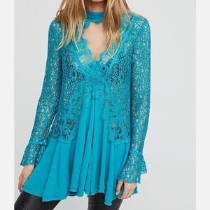 NWT Free People Tell Tale Ocean Blue Lace Tunic Top Dress